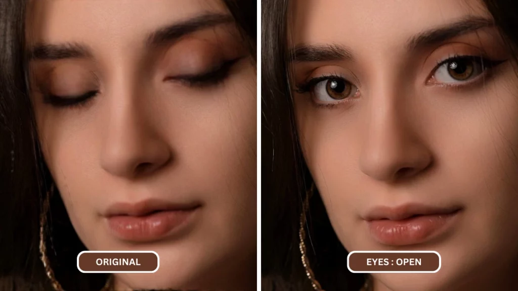 Immagine di confronto ravvicinata di una giovane donna con occhi marroni e orecchino dorato