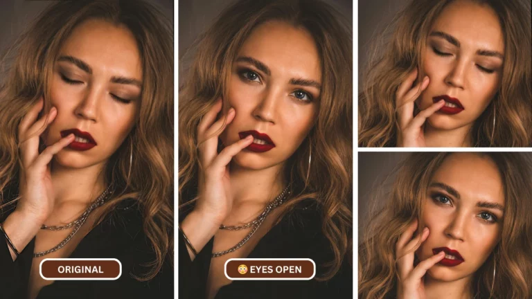 application Open Eyes utilisée sur une image d'une jeune femme avec du rouge à lèvres rouge et des colliers avec un haut noir