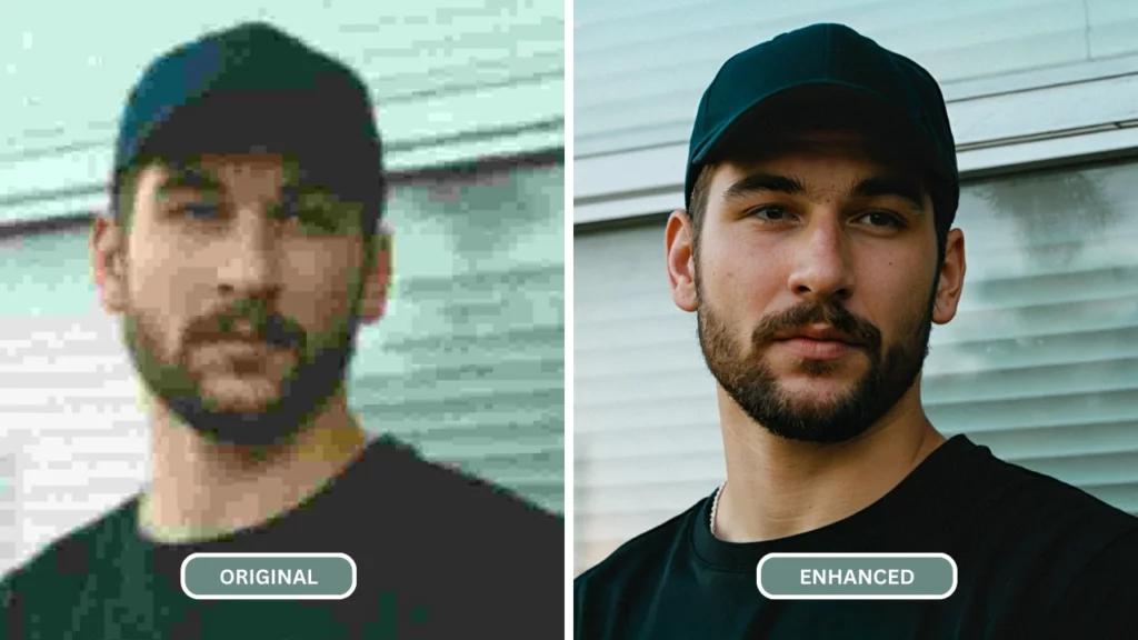 Comparaison d'images en gros plan d'un jeune homme portant un t-shirt bleu et une casquette