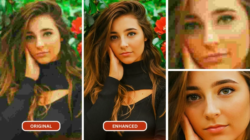 comparaison du visage pixellisé d'une femme en tenue noire améliorée à l'aide de SuperID