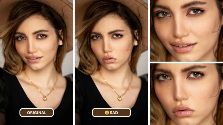 générateur de visage triste utilisé sur une image d'une jeune femme avec un collier en or et un chapeau marron