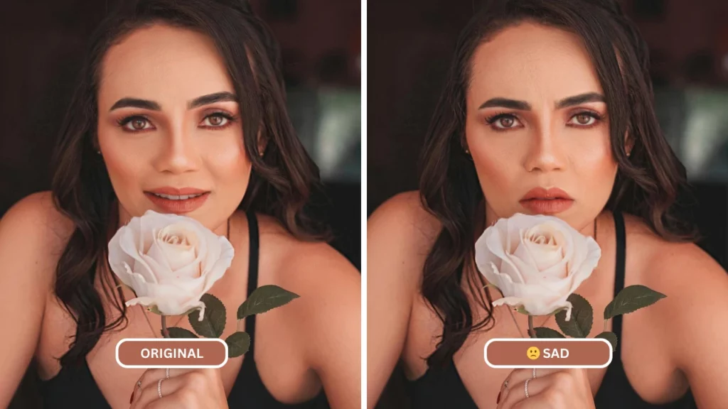 Immagine di confronto di una donna in top nero che tiene in mano un fiore bianco