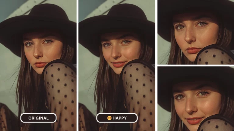 Belle jeune fille avec un chapeau noir et une robe noire utilisant un générateur de smileys