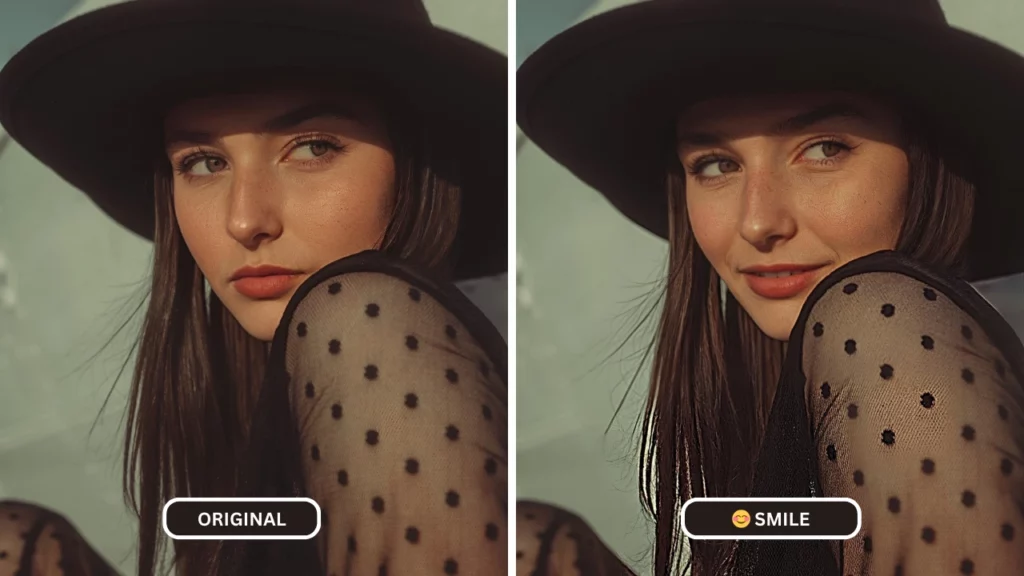 confronto di due immagini di una donna sorridente in abito nero dopo aver utilizzato EraseID come generatore di faccine sorridenti