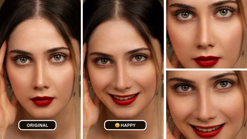 Donna con occhi verdi e rossetto, espressioni felici dopo aver utilizzato eraseid per cambiare le espressioni
