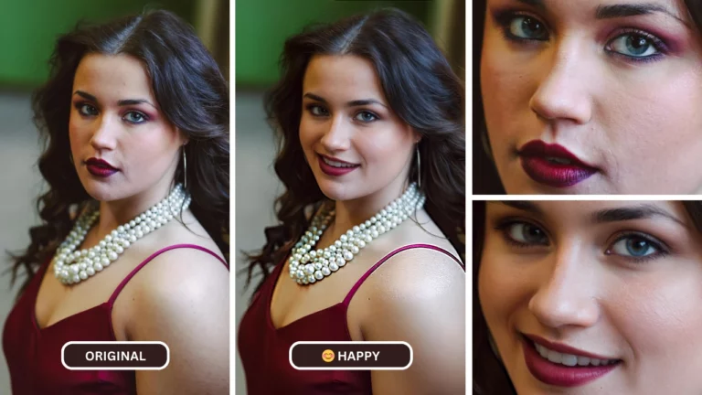 IA de visage souriant utilisée sur EraseID sur une image d'une fille en robe marron et collier de perles