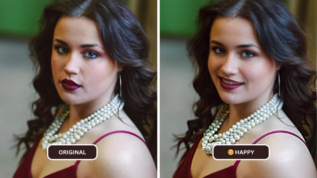 volto sorridente AI denominato EraseID utilizzato su un'immagine di donna con capelli neri e collana di perle