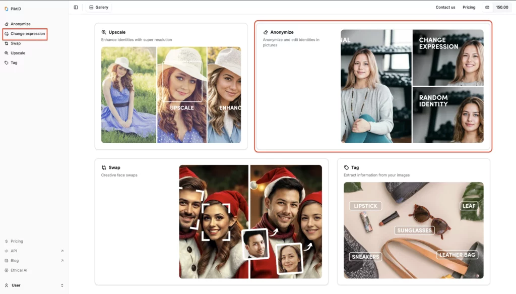 Schermata della pagina Studio PiktID in cui la funzione Modifica espressione è evidenziata in un riquadro rosso e la funzione Anonimizza è evidenziata anche utilizzando un altro riquadro rosso