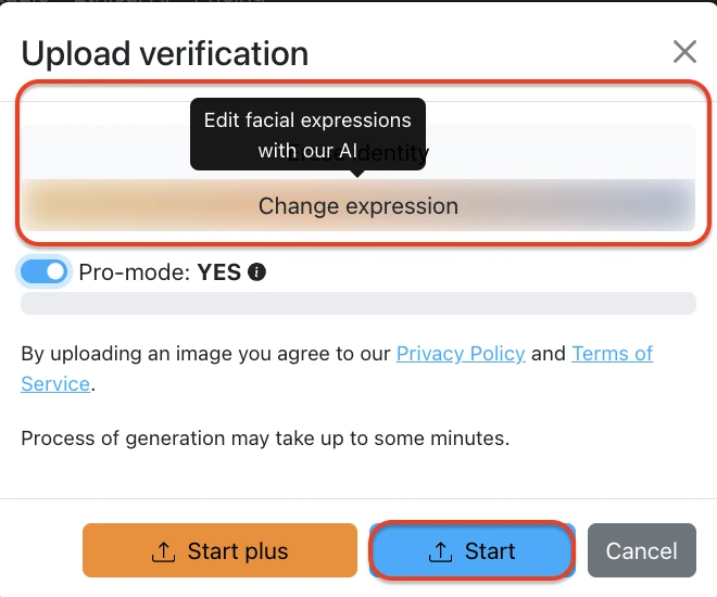 Sélection de la fonction Changer d'expression de eraseid pour modifier les expressions faciales avec notre IA