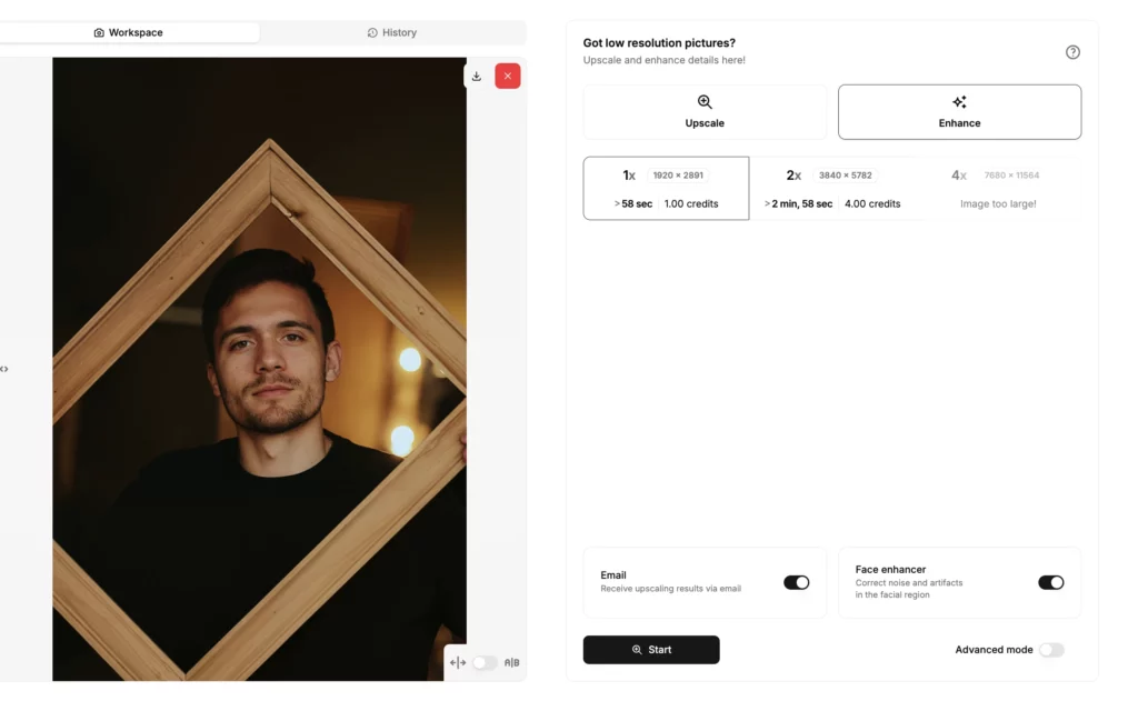 Verbessertes Bild eines Mannes mit Holzrahmen, hochgeladen und verbessert mit der SuperID-Plattform, einem KI-Gesichts-Upscaler, jetzt bereit zum Download in High Definition