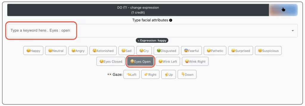 Sélection de l'invite en surbrillance Les yeux ouverts pour changer d'expression via EraseID