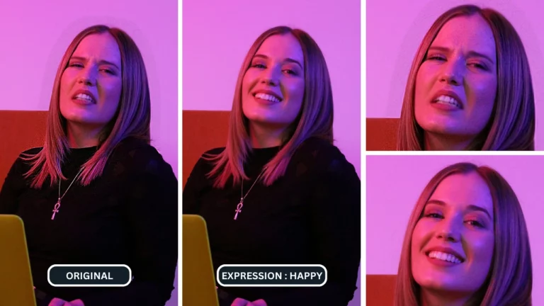 Deux images d'une femme aux cheveux longs et portant un collier. L'image de gauche, en pied, intitulée « ORIGINAL », la montre avec une expression neutre, assise sur une chaise orange, un ordinateur portable à la main. Le gros plan de droite, intitulé « EXPRESSION : HEUREUX », la montre souriante grâce au générateur de sourires AI Face.