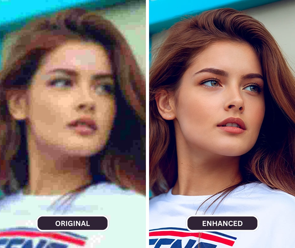 Verwenden des KI-Gesichts-Upscalers namens superid auf einem Nahaufnahmebild eines jungen Mädchens mit roten Haaren und weißem Hemd