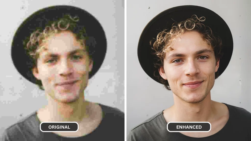 Verbesserung eines Bildes eines jungen Mannes mit Hut und olivgrünem T-Shirt