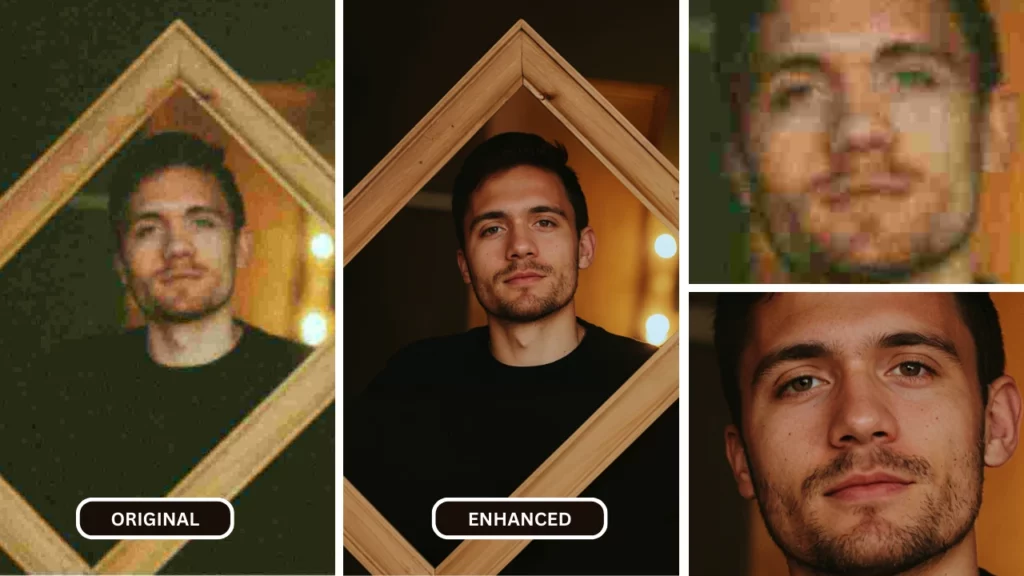 Vergleichsbild eines verbesserten Fotos eines jungen Mannes, der einen Holzrahmen hält, und einer Nahaufnahme des Gesichts, das verbessert wird