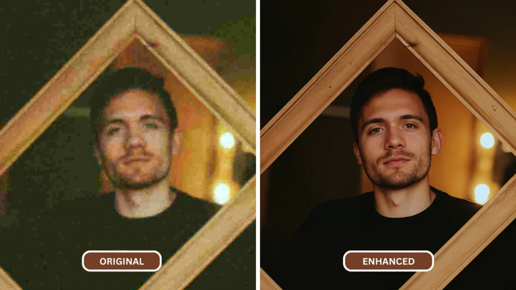 Wiederherstellung eines Bildes eines Mannes mit Holzrahmen und schwarzem T-Shirt