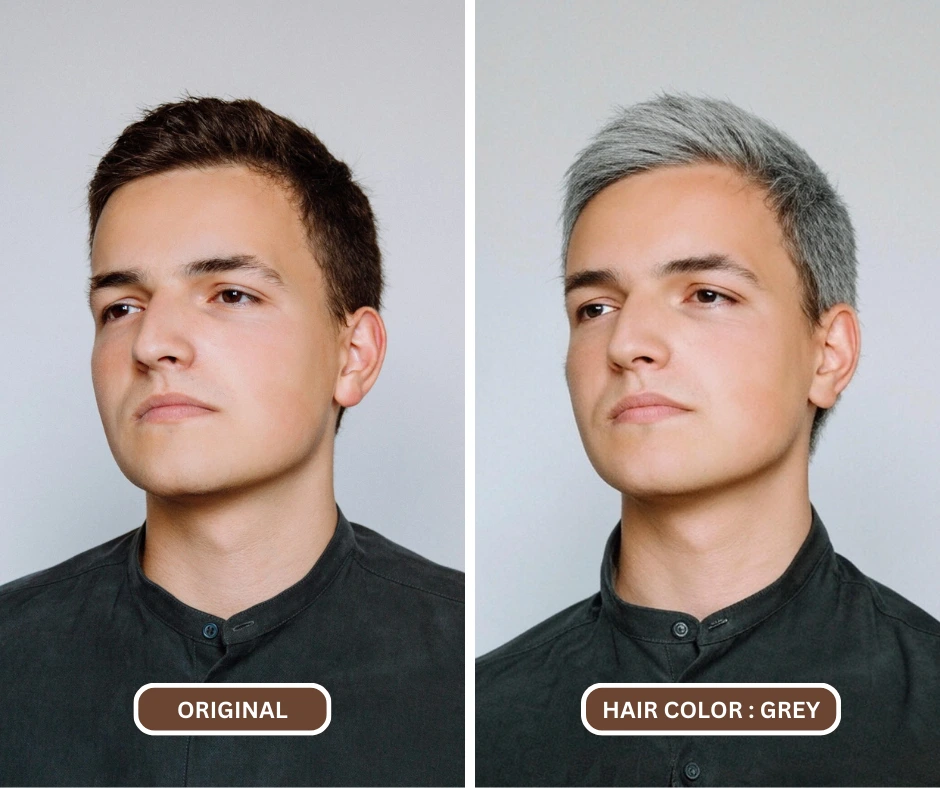 Der KI-Haarfarbenwechsler „EraseID“ wird auf einem Bild eines Mannes verwendet, um seine Haarfarbe in Grau zu ändern