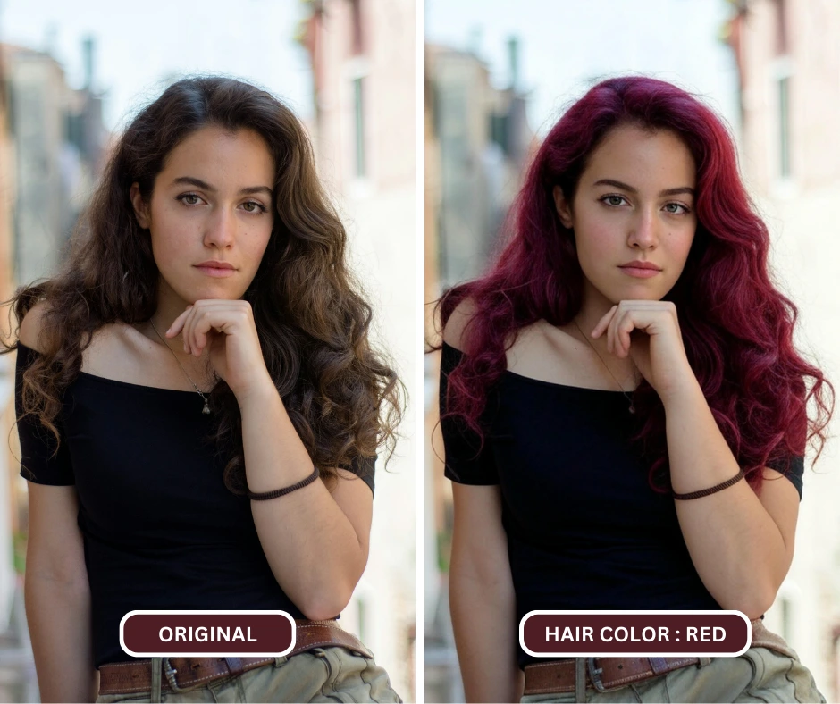 Mit EraseID die Haare einer Frau im schwarzen T-Shirt ändern, die für ein Foto posiert