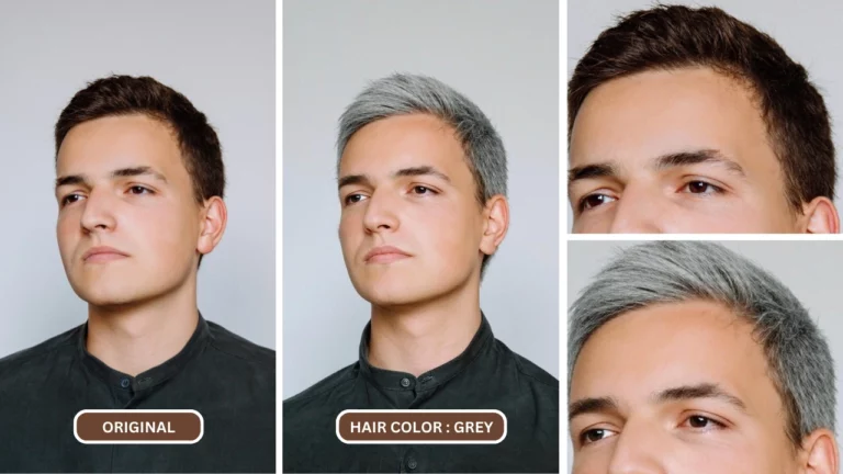 Changeur de couleur de cheveux IA utilisé pour changer la couleur des cheveux en gris d'un homme en chemise bleue