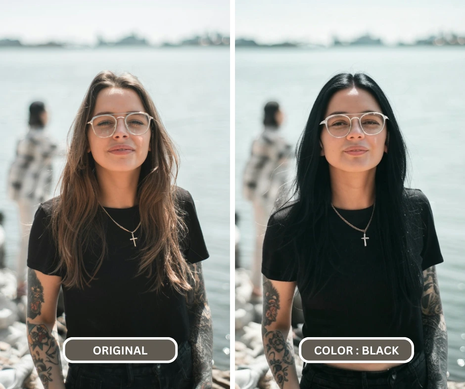 Veränderte Haare einer jungen Frau mit Brille, die in der Nähe eines Strandes steht