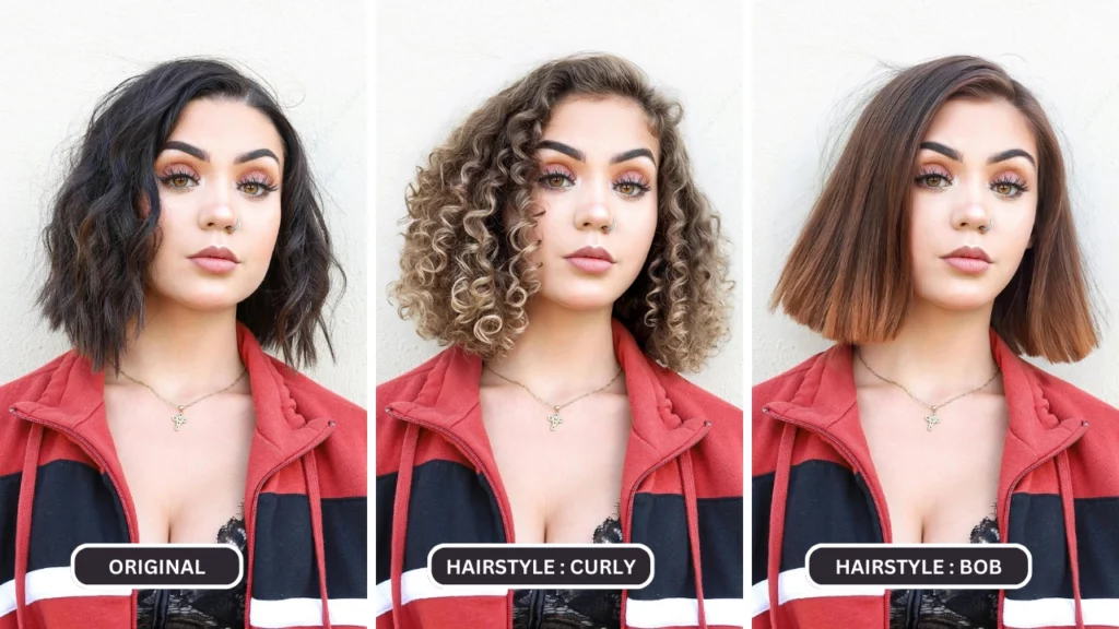 Donna con corsetto e giacca, acconciatura modificata da originale a riccia a caschetto usando l'intelligenza artificiale per cambiare acconciatura EraseID