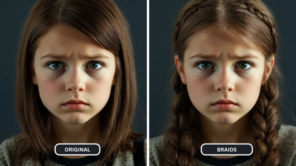 Bambina con i capelli lunghi e lisci originali trasformati in trecce usando l'intelligenza artificiale