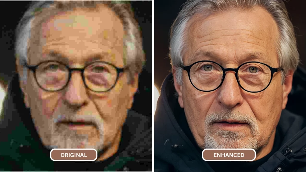 Unscharfes Gesichtsbild eines alten Mannes mit Brille, grauem Haar und Schnurrbart, verbessert mit SuperID