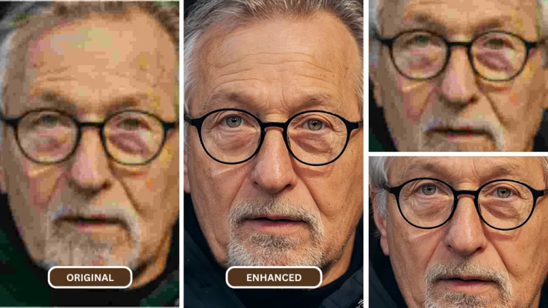 image floue du visage d'un très vieil homme avec une barbe française blanche et des cheveux gris restaurée à l'aide de SuperID