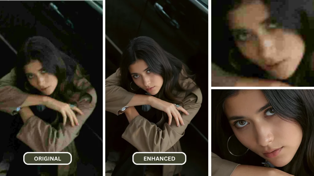 Vergleichsbilder einer Frau mit schwarzen Haaren und Khakihemd