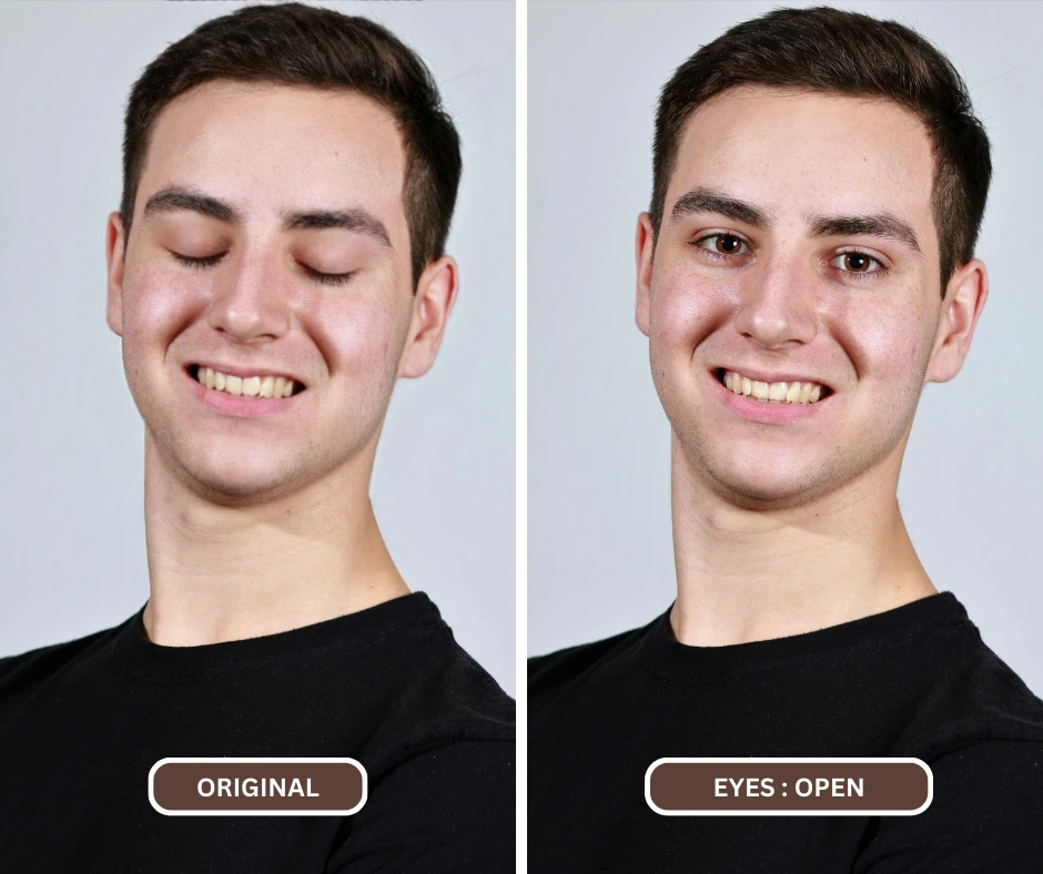 corriger les yeux fermés sur une photo gros plan iPhone comparaison d'une image d'un homme souriant en t-shirt noir