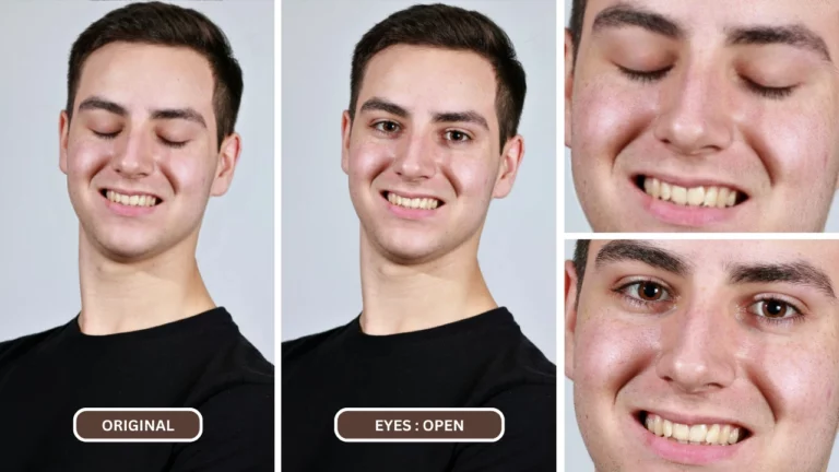 corriger les yeux fermés sur une photo iPhone en utilisant EraseID sur une image d'un jeune homme en chemise noire en gros plan comparaison de grille