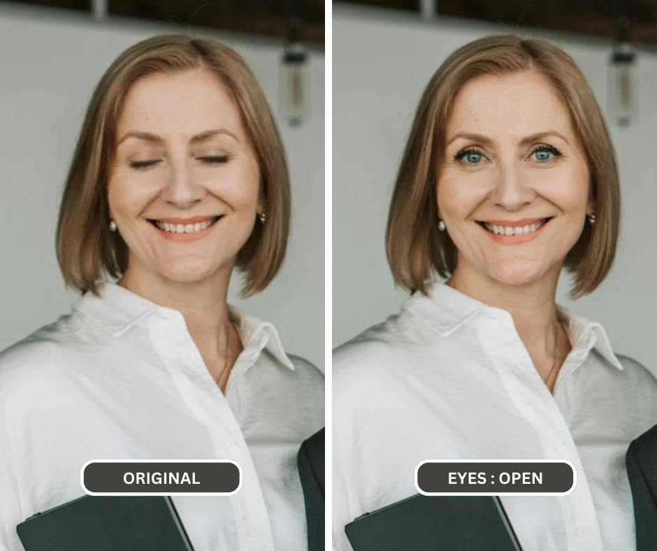 Dame aux yeux bleus et chemise blanche, les yeux fixés pour être ouverts après avoir utilisé l'IA par EraseID