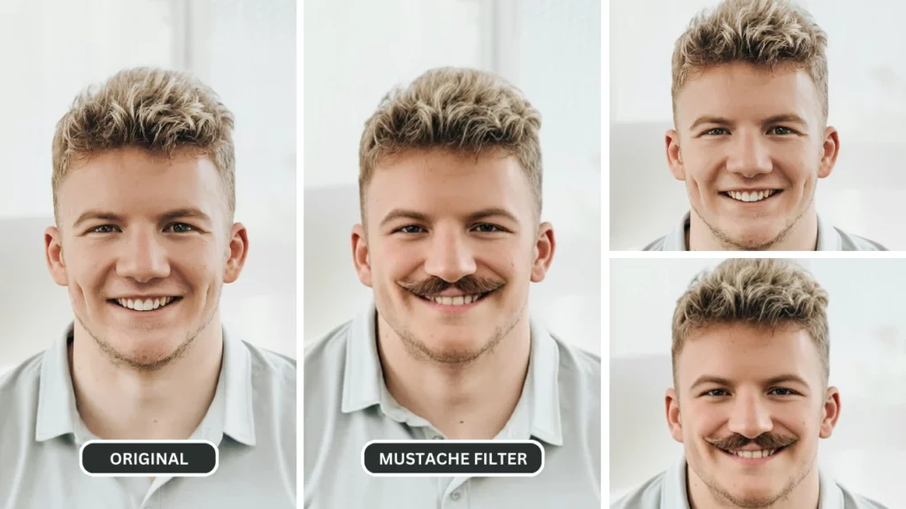 Un ragazzo biondo che indossa una maglietta con colletto sorride alla telecamera mentre confronta le immagini