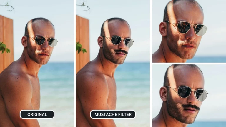 image de comparaison de filtre de moustache d'un homme chauve assis sur une plage par une journée ensoleillée tout en portant des lunettes de soleil