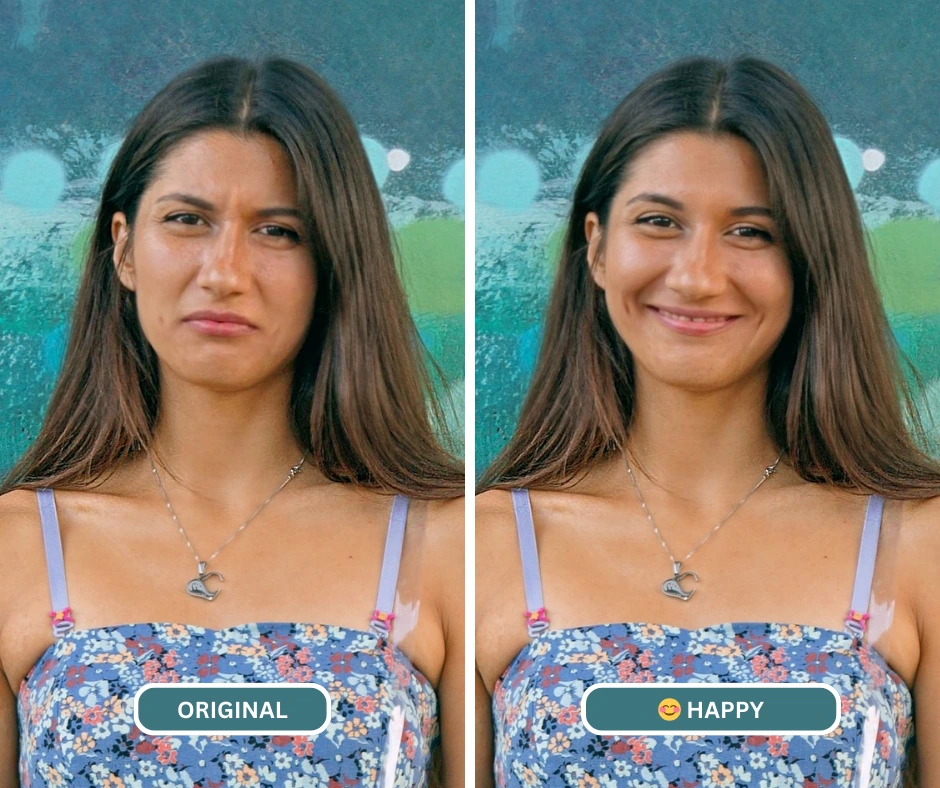 immagine di confronto ravvicinata di una ragazza in abito floreale felice dopo aver usato EraseID