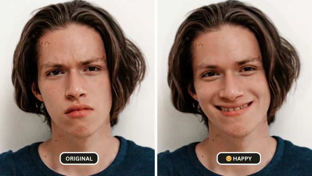 giovane ragazzo adolescente con i capelli lunghi che sorride dopo aver usato l'intelligenza artificiale per cambiare le espressioni