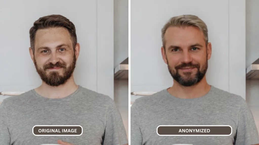 Immagini comparative di un uomo con una maglietta grigia rese anonime dopo aver utilizzato Genera Persona di PiktID