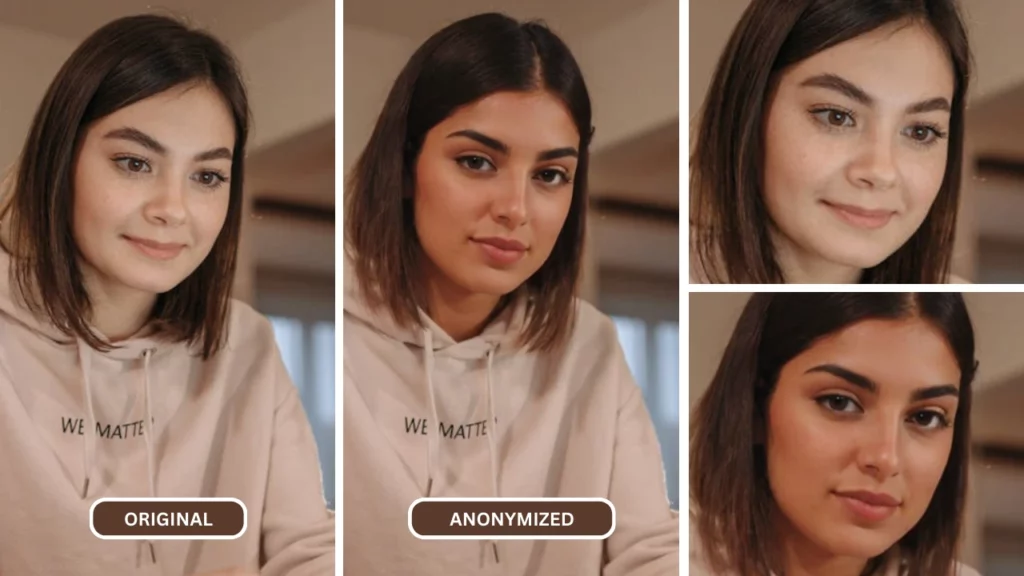 Donna con felpa rosa con cappuccio che mostra 4 immagini di una ragazza rese anonime e 2 di queste sono primi piani del viso