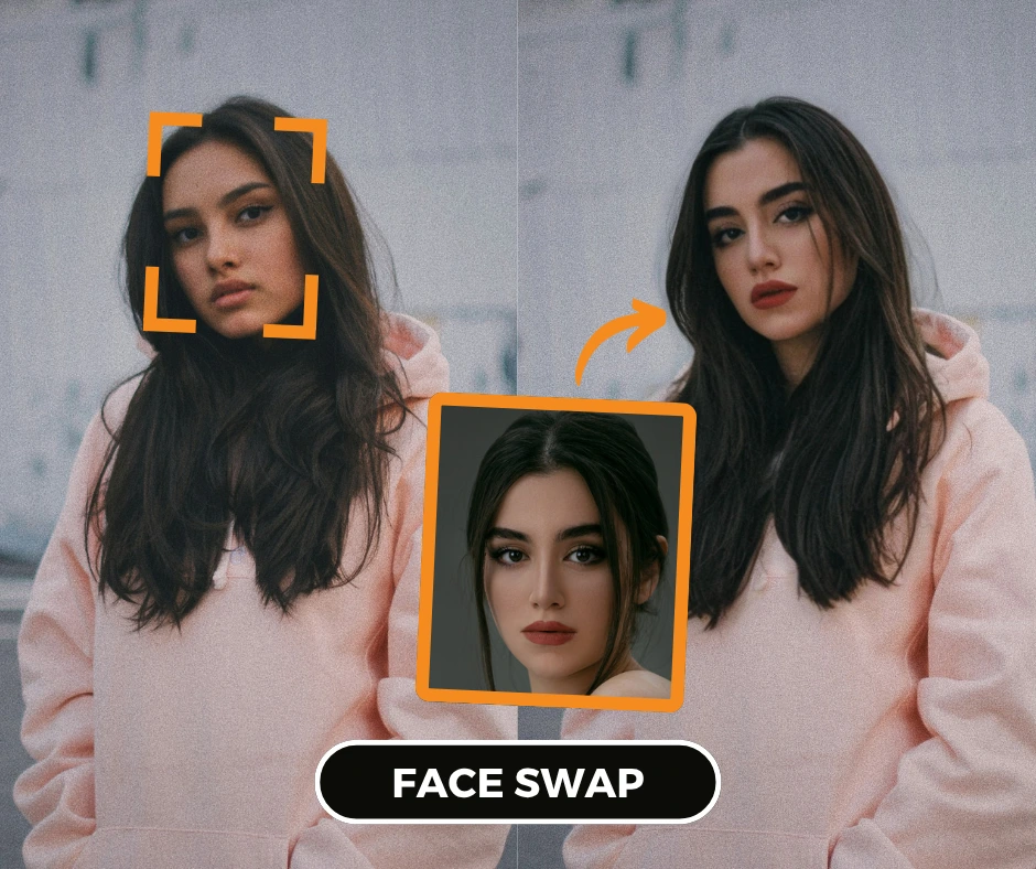 Young girl in pink sweater with long hair face swap using SwapID