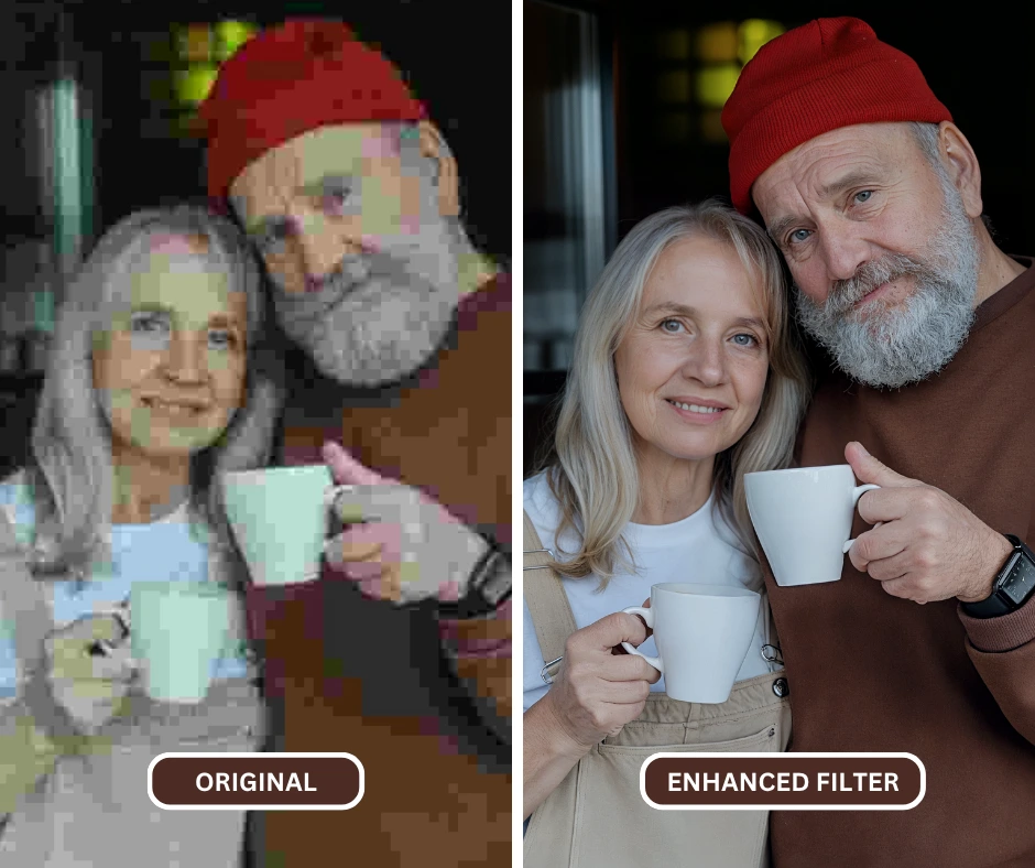 Photo restoration app being used on an image of an Old Couple together holding a white cup