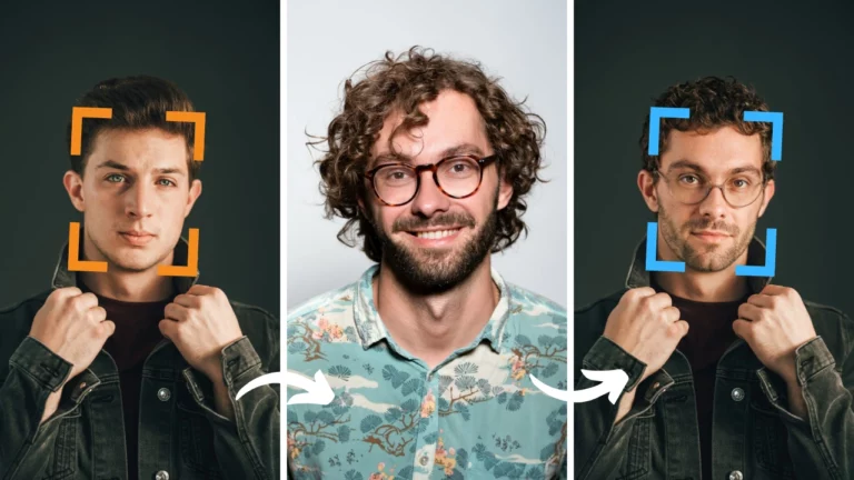 Échange de visage par SwapID sur une image d'un jeune homme aux yeux bleus, changé en un gars avec des lunettes