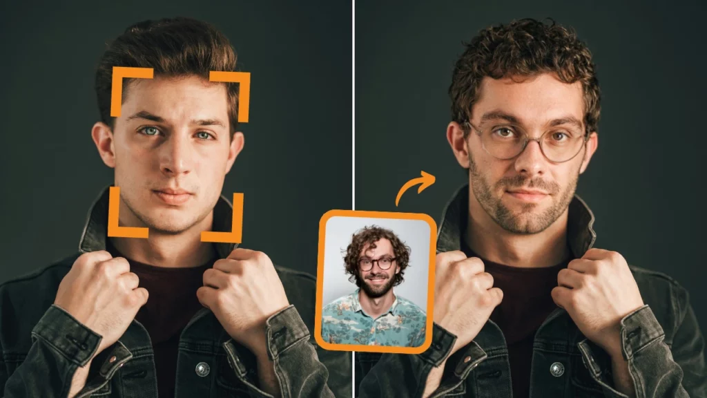 Side by side comparison of a man in grey jacket face swap using SwapID