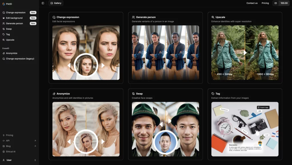 PiktID's Studio screenshot showing multiple offers by the platform stating, Change Expression, Generate person, Upscale, Anonymize, Swap and Tag