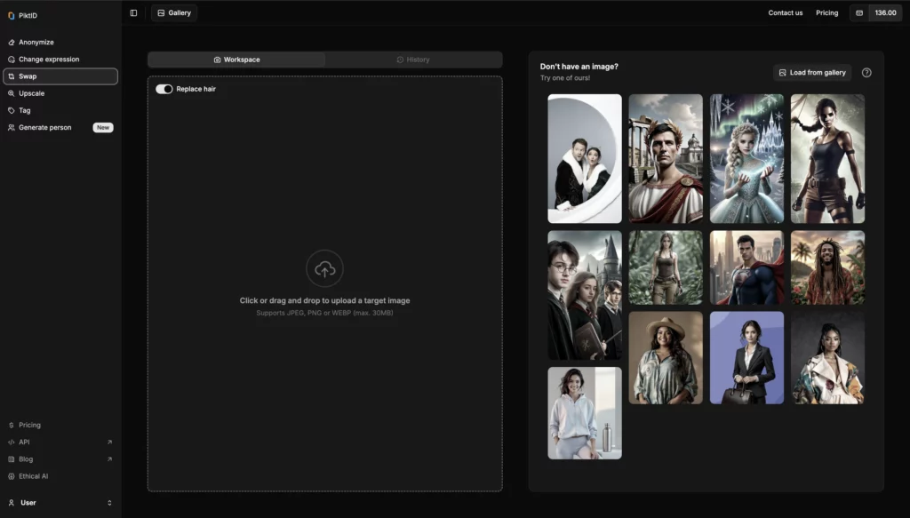 A screenshot of SwapID interface with a workspace section for uploading target images and a gallery of preloaded images on the right, including various characters and scenes. The sidebar includes options like "Upscale," "Anonymize," and "Swap," with a credit counter at the top.