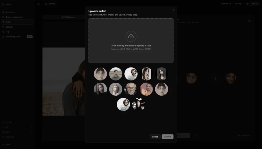 A screenshot of SwapID interface with a pop-up window titled "Upload a selfie!" showing multiple circular profile images. The background features two people hugging on a beach, with options like "Anonymize," "Change expression," "Swap," and "Upscale" on the left sidebar.