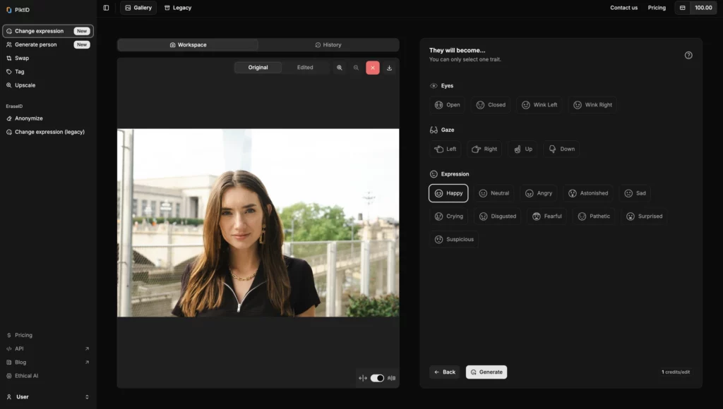 Uploading a raw image of a girl in brown hair and black top on the piktID's change expression feature