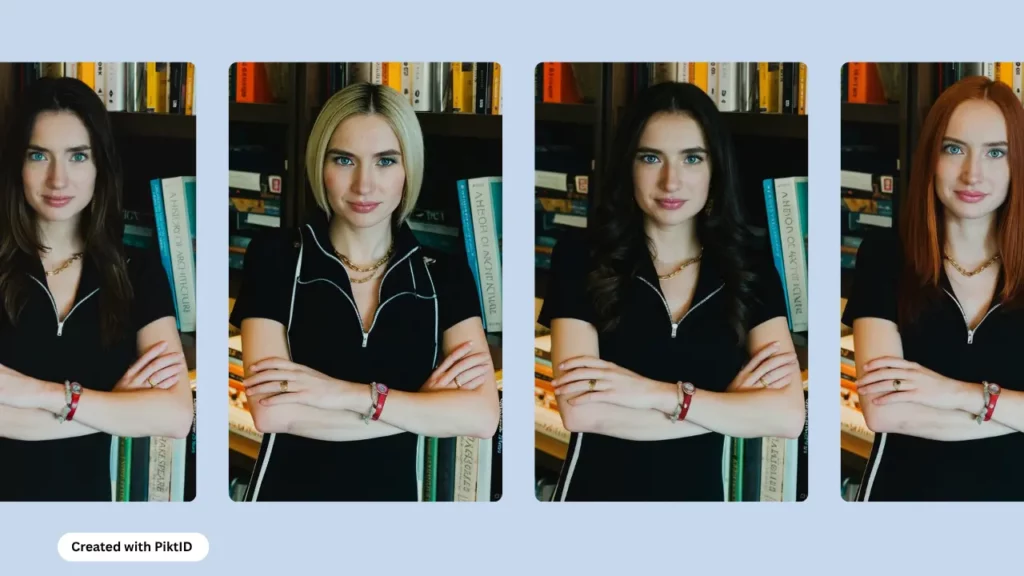 AI Hair style Changer named PiktID showcasing four images of the same woman in black outfit with folded hands and with different hairstyles and hair colour