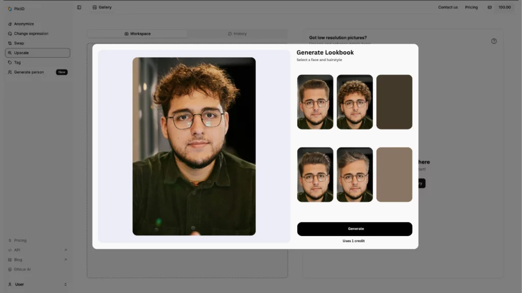 Screenshot of the PiktID platform as an AI haircut tool to generate lookbook of a young guy with messy brown hair and eyeglasses in the center and next to it in the tabs four images of the same guy in different hair styles