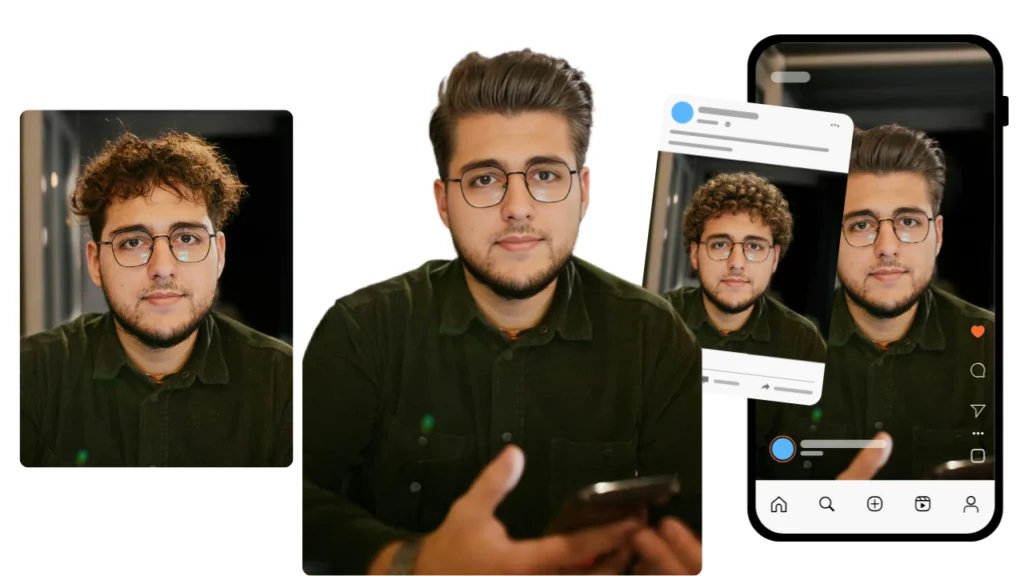 Using AI haircut filter by PiktID on an image of a young man in eyeglasses using a social media instagram preset