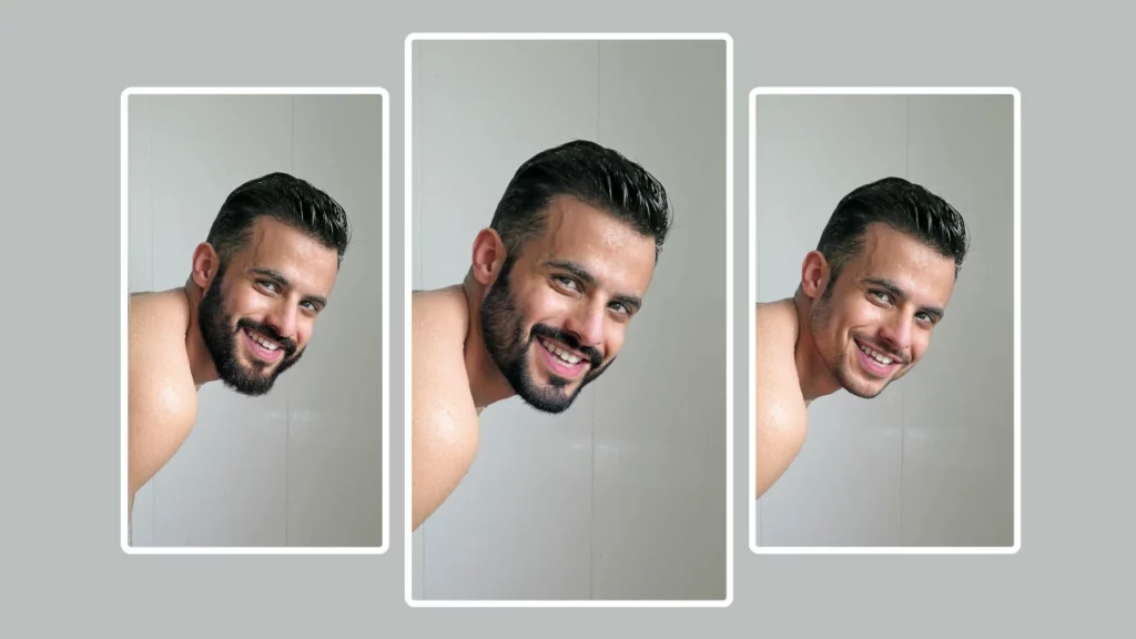 Three images of a young guy in black hair stepping out of the shower, in each image we can see new beard styles